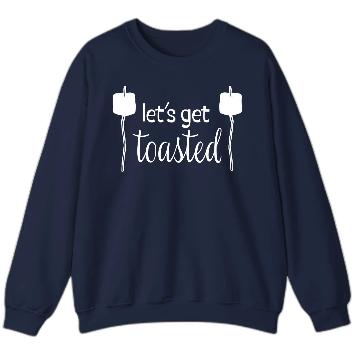 Illustration of two roasting sticks with marshmallows and text reading 'let's get toasted' in a minimalist camping design in Navy