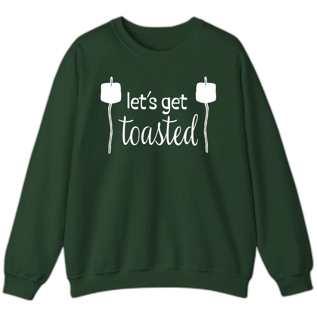Illustration of two roasting sticks with marshmallows and text reading 'let's get toasted' in a minimalist camping design in Forest Green