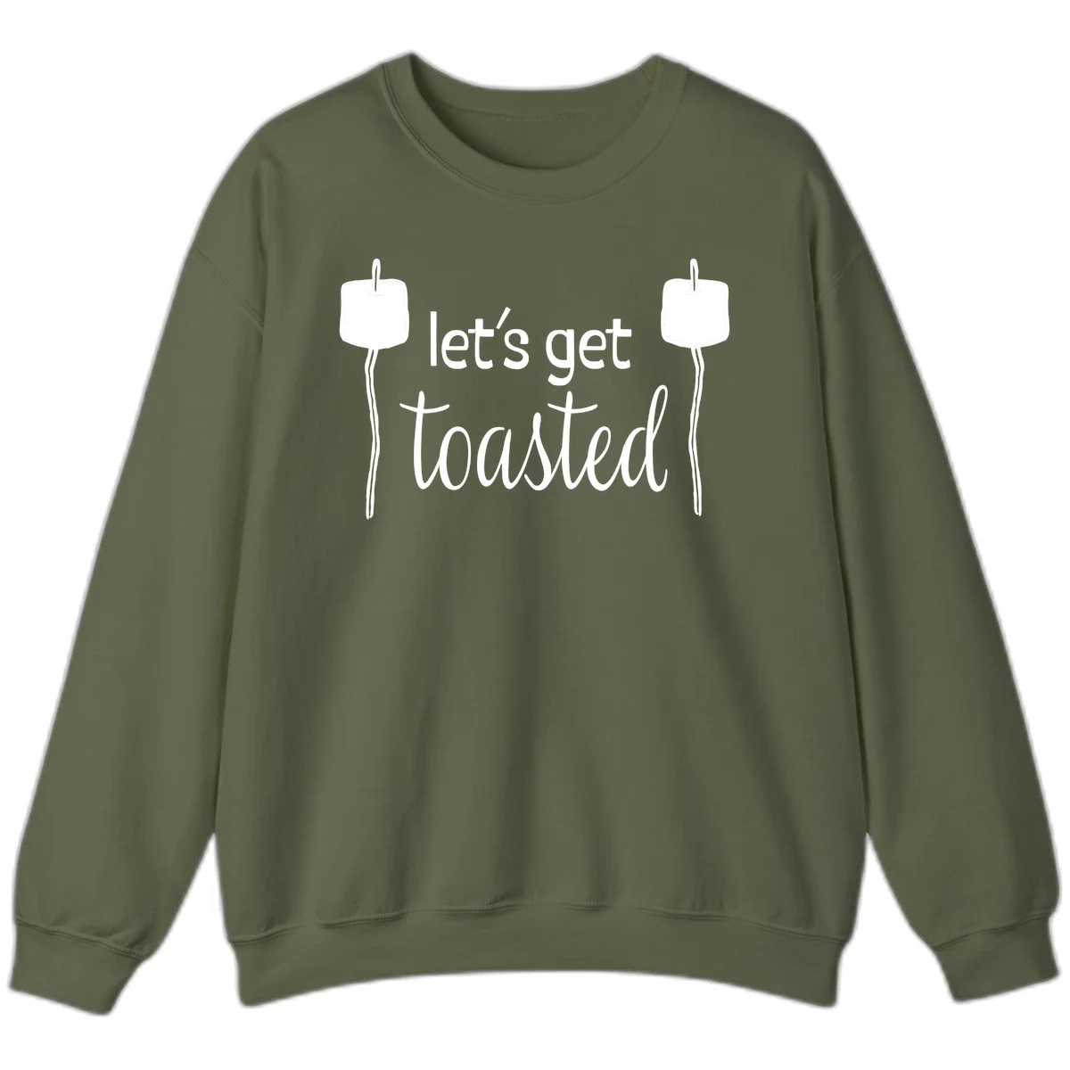 Illustration of two roasting sticks with marshmallows and text reading 'let's get toasted' in a minimalist camping design in Military Green