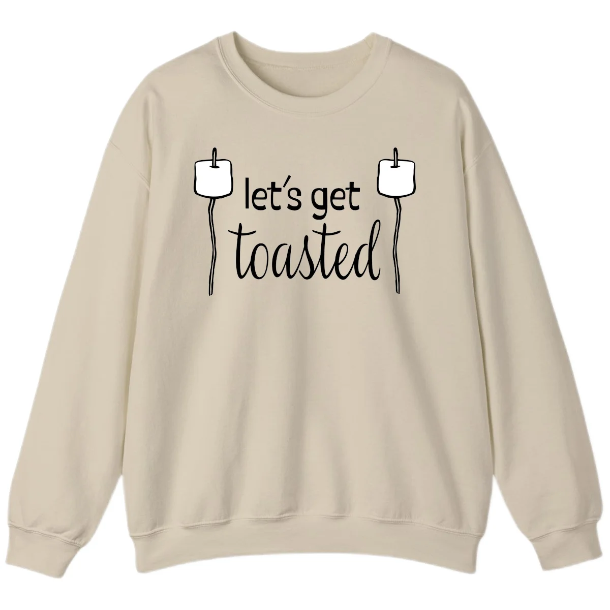 Illustration of two roasting sticks with marshmallows and text reading 'let's get toasted' in a minimalist camping design in Sand