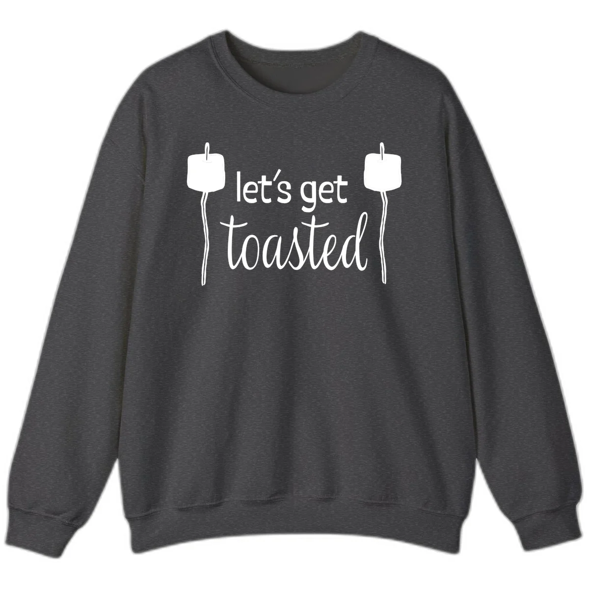 Illustration of two roasting sticks with marshmallows and text reading 'let's get toasted' in a minimalist camping design in Dark Heather