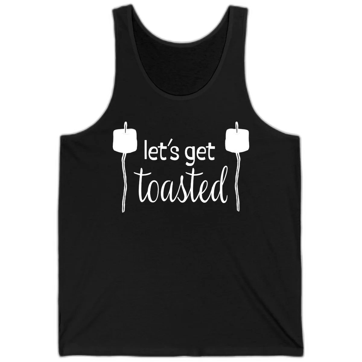 Illustration of two roasting sticks with marshmallows and text reading 'let's get toasted' in a minimalist camping design in Black