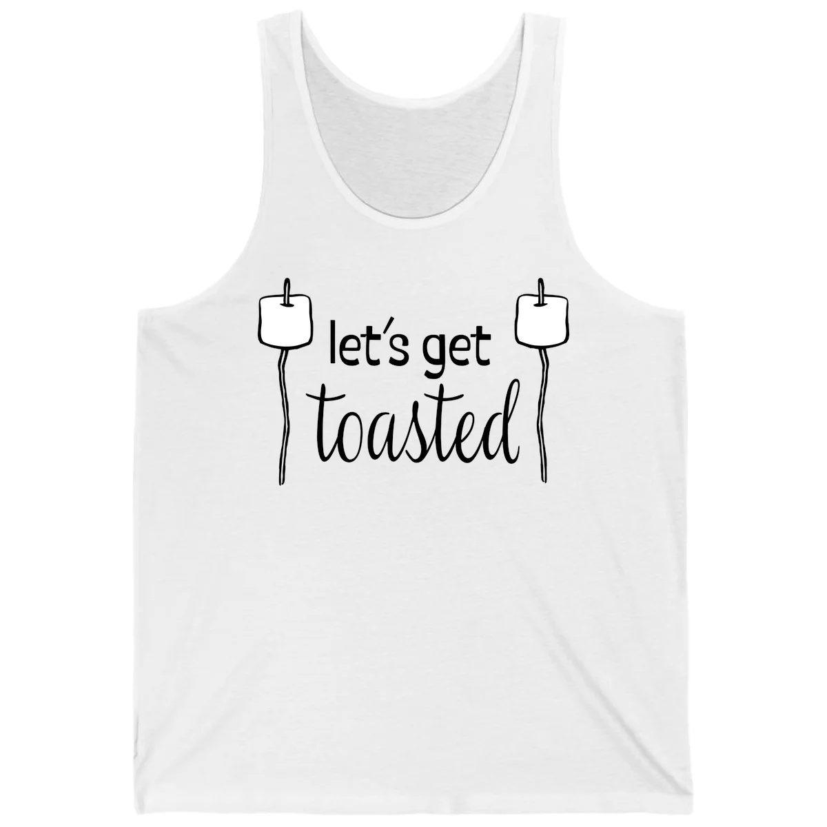 Illustration of two roasting sticks with marshmallows and text reading 'let's get toasted' in a minimalist camping design in White