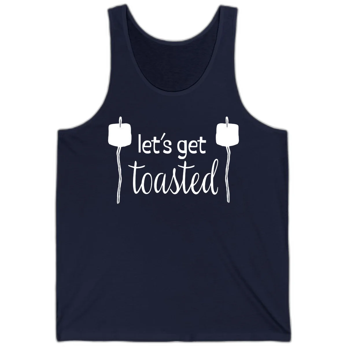 Illustration of two roasting sticks with marshmallows and text reading 'let's get toasted' in a minimalist camping design in Navy