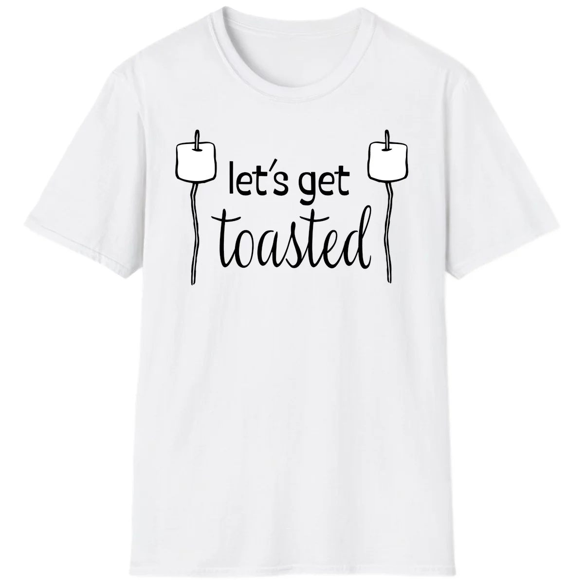 Illustration of two roasting sticks with marshmallows and text reading 'let's get toasted' in a minimalist camping design in White