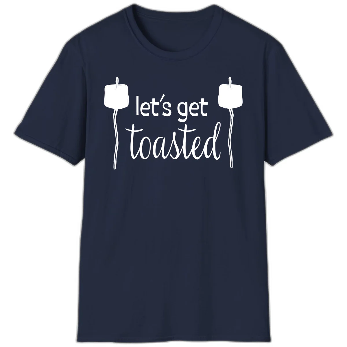 Illustration of two roasting sticks with marshmallows and text reading 'let's get toasted' in a minimalist camping design in Navy