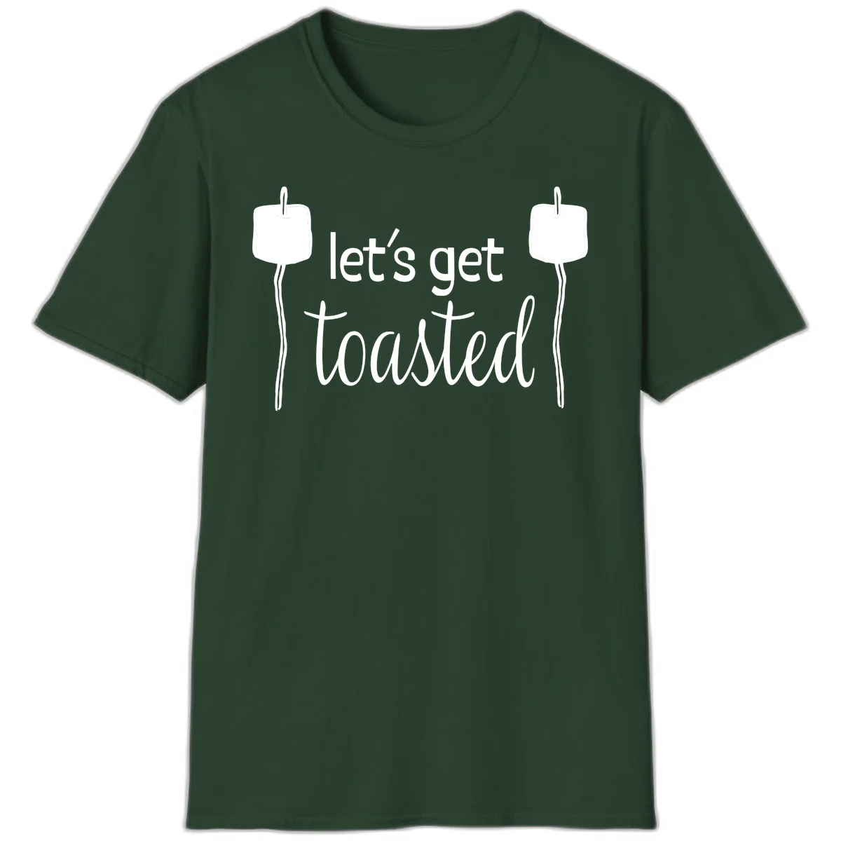 Illustration of two roasting sticks with marshmallows and text reading 'let's get toasted' in a minimalist camping design in Forest Green
