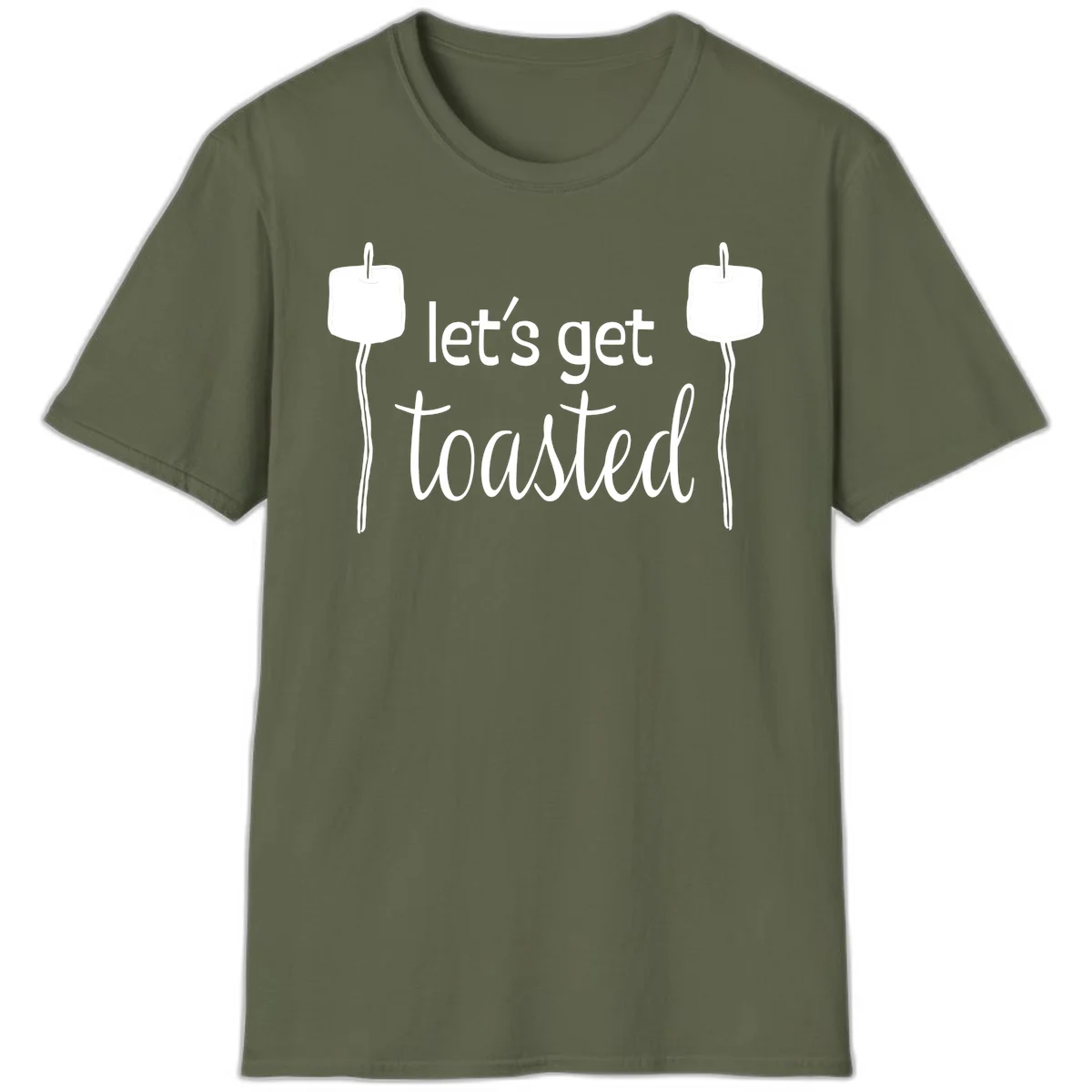 Illustration of two roasting sticks with marshmallows and text reading 'let's get toasted' in a minimalist camping design in Military Green