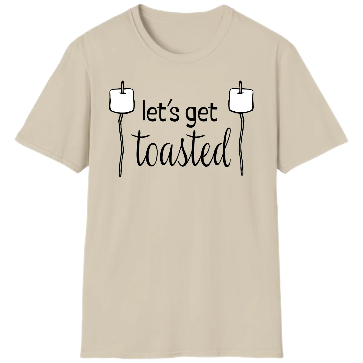 Illustration of two roasting sticks with marshmallows and text reading 'let's get toasted' in a minimalist camping design in Sand