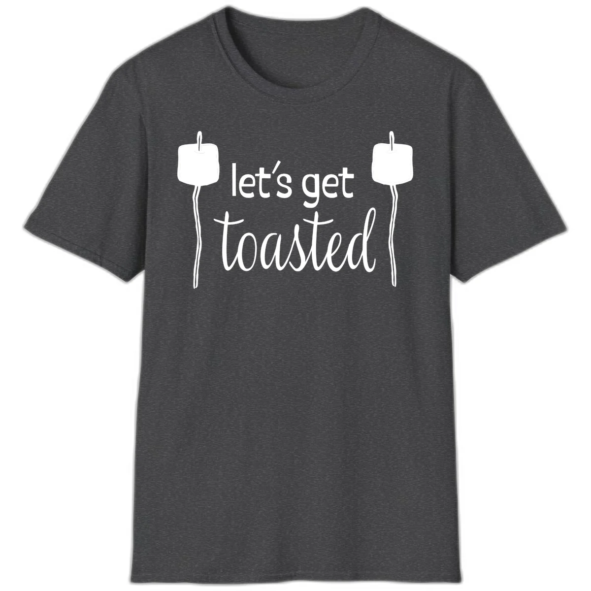 Illustration of two roasting sticks with marshmallows and text reading 'let's get toasted' in a minimalist camping design in Dark Heather