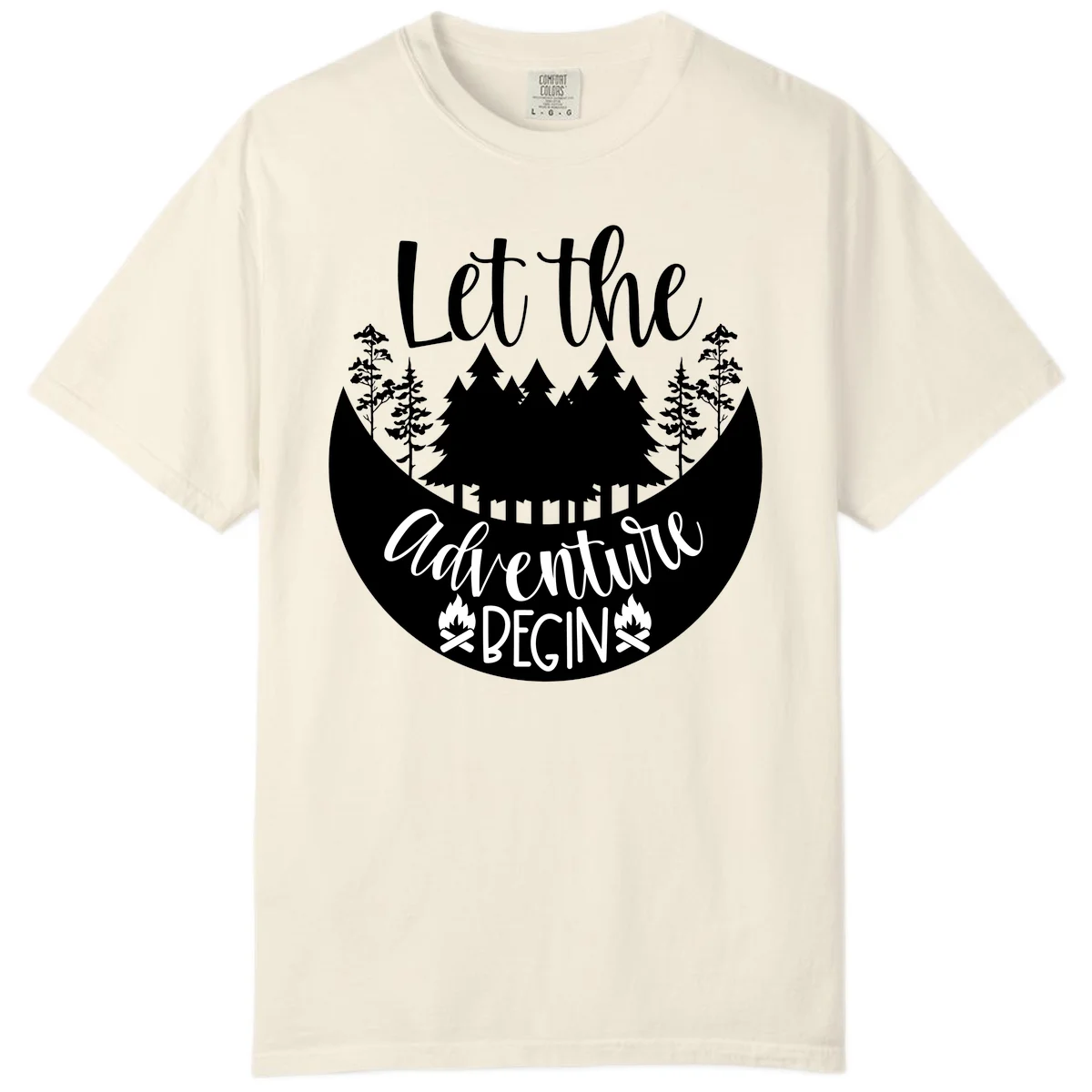 White silhouette of evergreen trees and mountain peaks arranged in a crescent moon shape with 'Let the' text above in script font on gray background. in Ivory