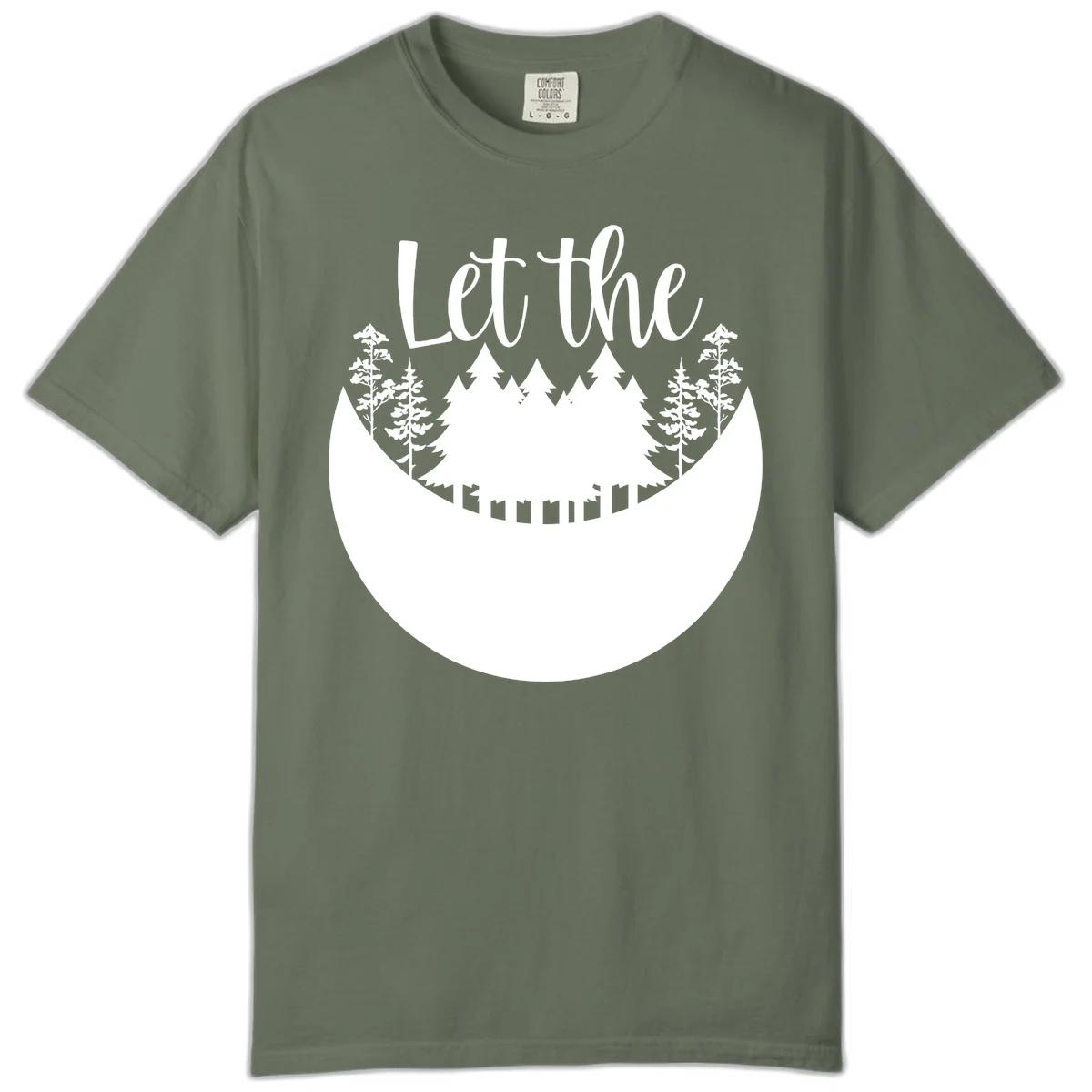 White silhouette of evergreen trees and mountain peaks arranged in a crescent moon shape with 'Let the' text above in script font on gray background. in Moss