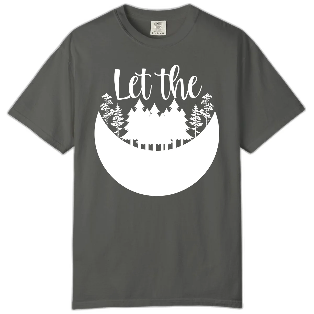 White silhouette of evergreen trees and mountain peaks arranged in a crescent moon shape with 'Let the' text above in script font on gray background. in Pepper