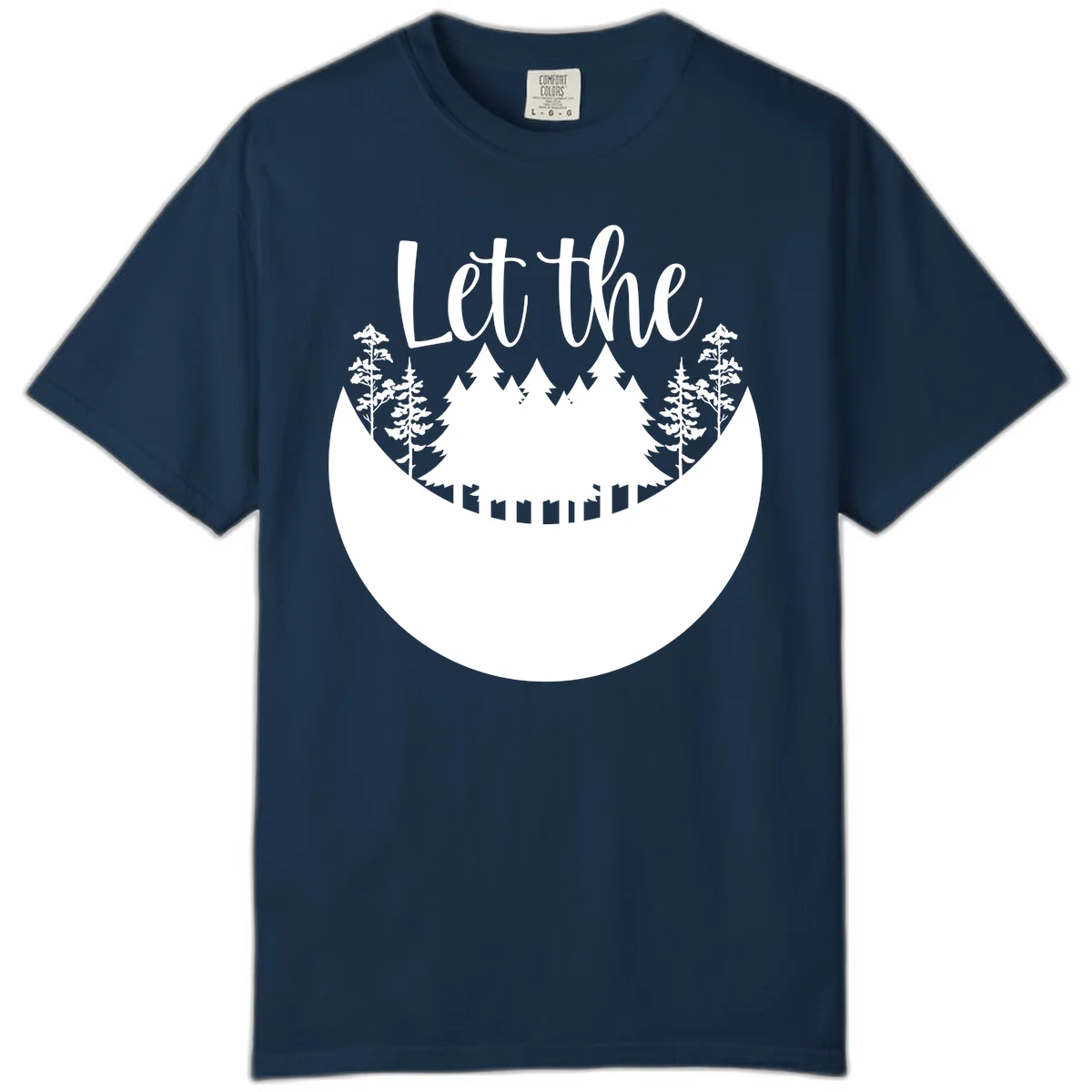 White silhouette of evergreen trees and mountain peaks arranged in a crescent moon shape with 'Let the' text above in script font on gray background. in True Navy