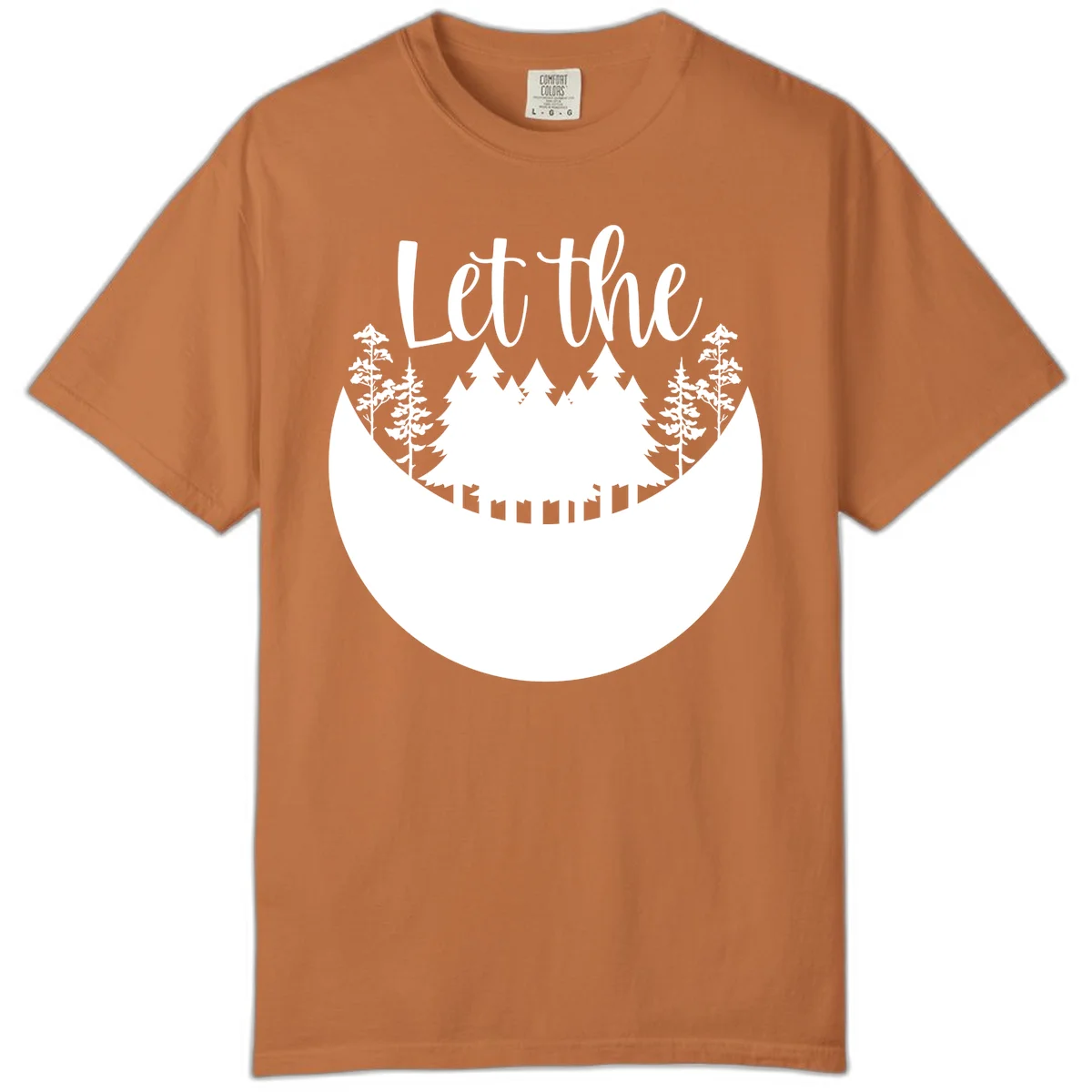 White silhouette of evergreen trees and mountain peaks arranged in a crescent moon shape with 'Let the' text above in script font on gray background. in Yam