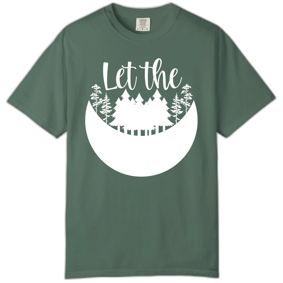 White silhouette of evergreen trees and mountain peaks arranged in a crescent moon shape with 'Let the' text above in script font on gray background. in Blue Spruce