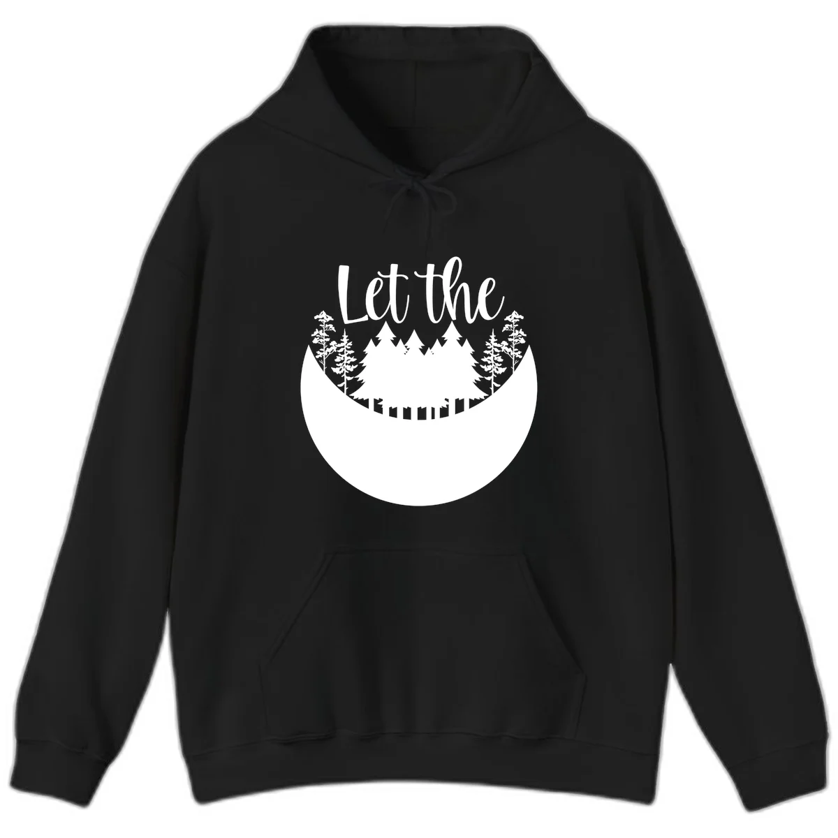 White silhouette of evergreen trees and mountain peaks arranged in a crescent moon shape with 'Let the' text above in script font on gray background. in Black