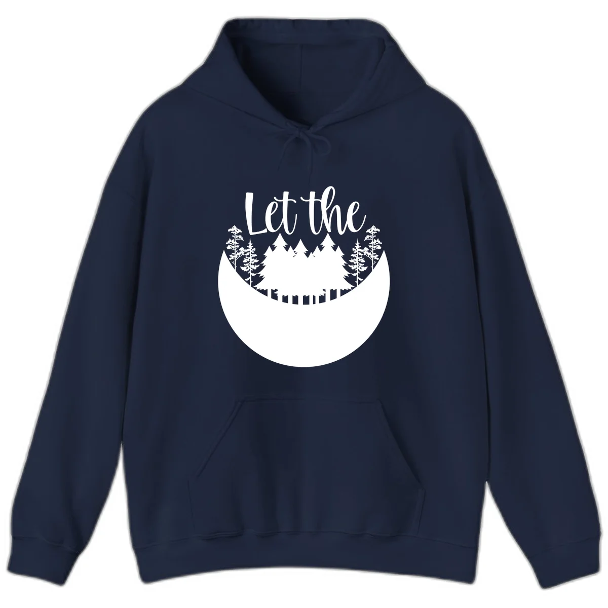 White silhouette of evergreen trees and mountain peaks arranged in a crescent moon shape with 'Let the' text above in script font on gray background. in Navy