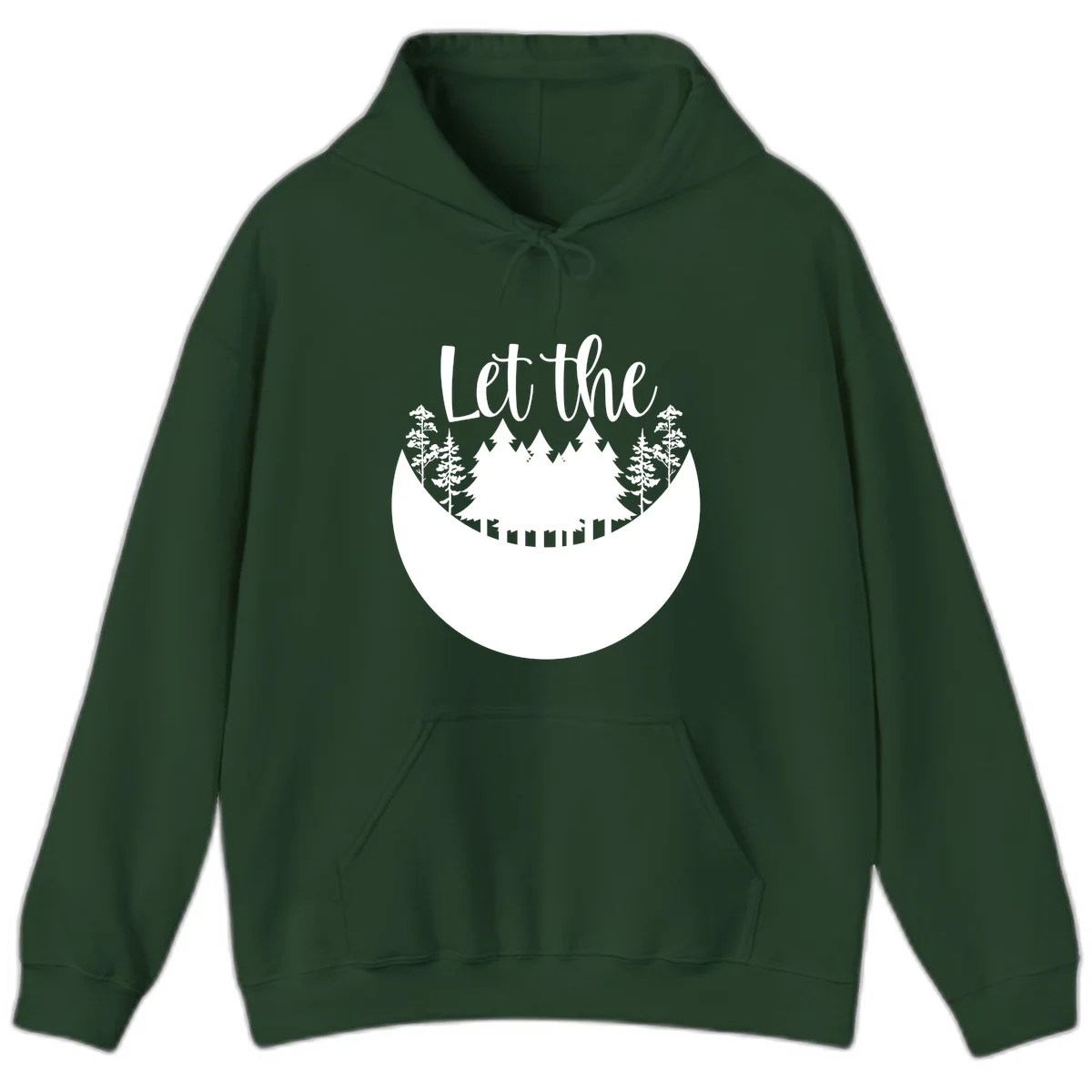 White silhouette of evergreen trees and mountain peaks arranged in a crescent moon shape with 'Let the' text above in script font on gray background. in Forest Green