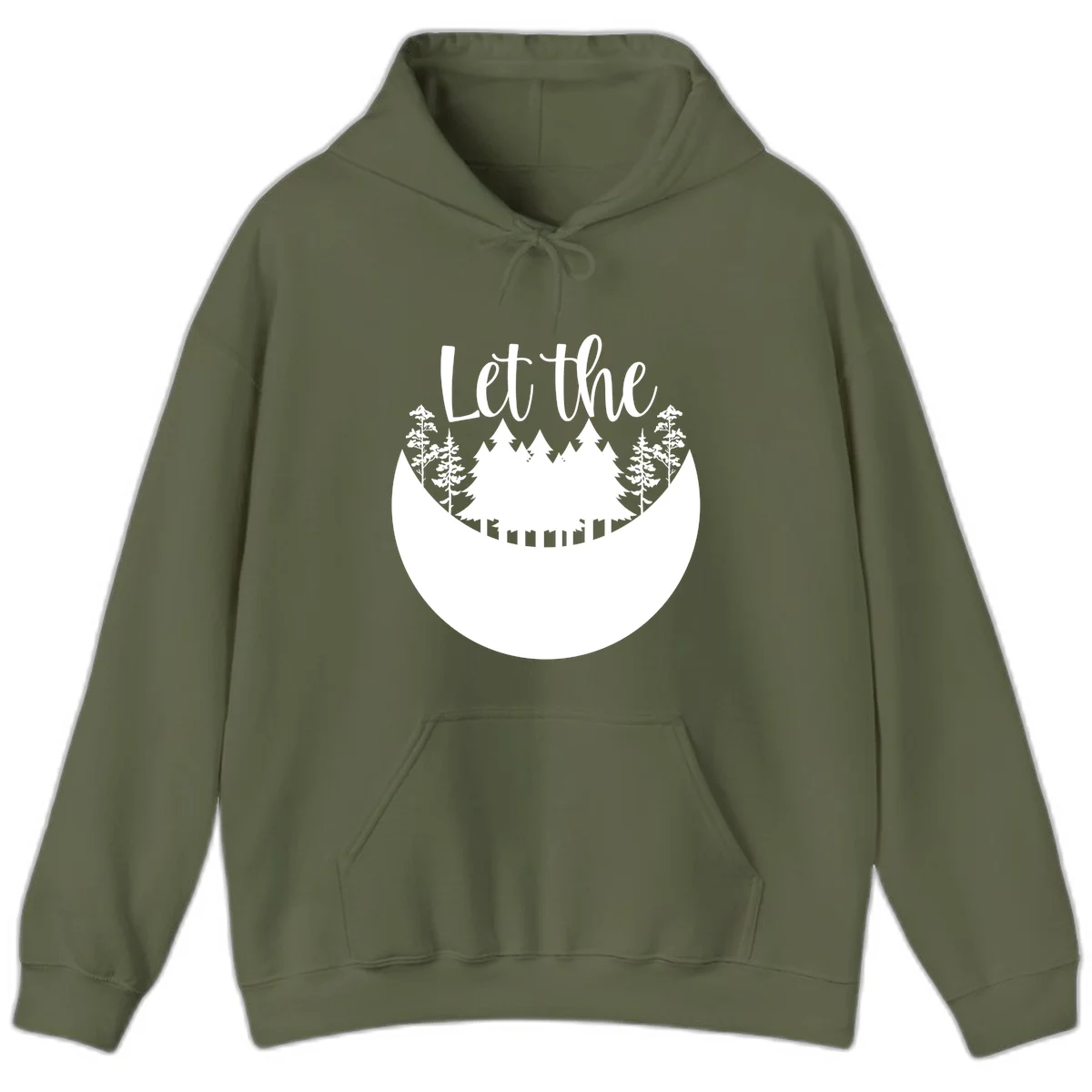 White silhouette of evergreen trees and mountain peaks arranged in a crescent moon shape with 'Let the' text above in script font on gray background. in Military Green