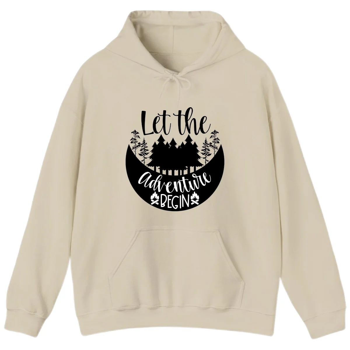 White silhouette of evergreen trees and mountain peaks arranged in a crescent moon shape with 'Let the' text above in script font on gray background. in Sand