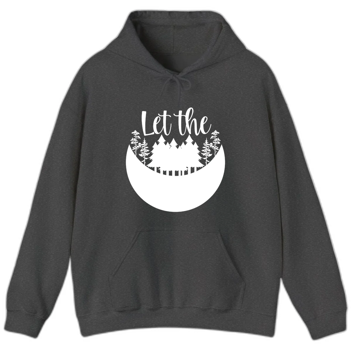 White silhouette of evergreen trees and mountain peaks arranged in a crescent moon shape with 'Let the' text above in script font on gray background. in Dark Heather