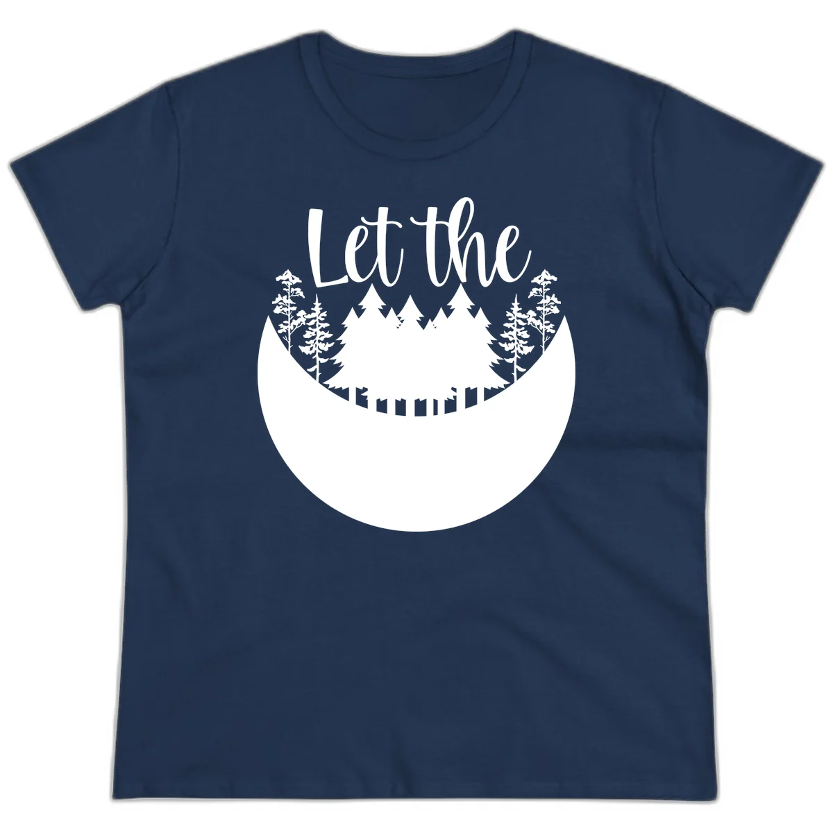 White silhouette of evergreen trees and mountain peaks arranged in a crescent moon shape with 'Let the' text above in script font on gray background. in Navy