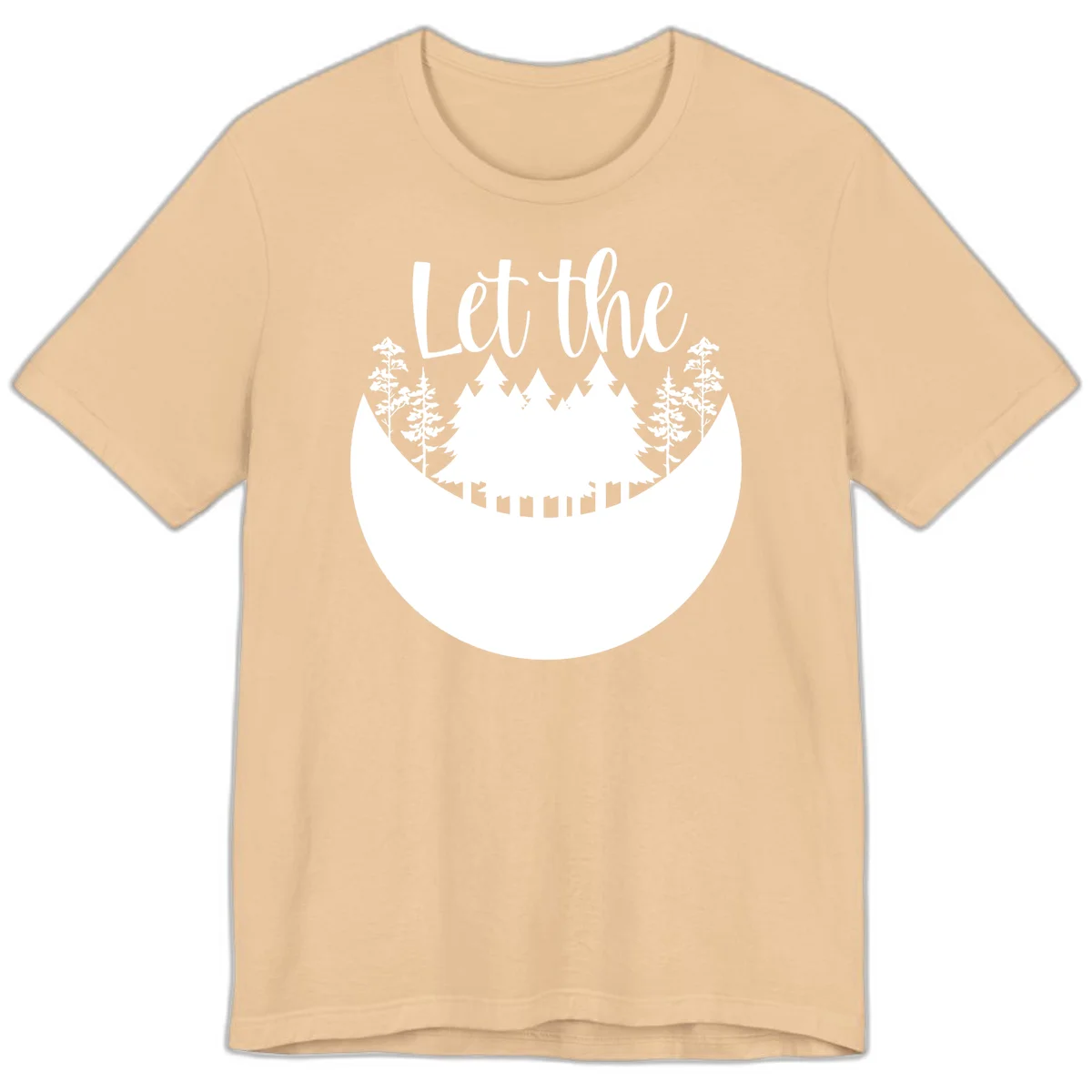 White silhouette of evergreen trees and mountain peaks arranged in a crescent moon shape with 'Let the' text above in script font on gray background. in Sand Dune