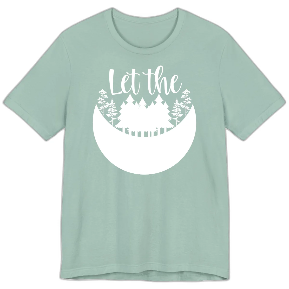 White silhouette of evergreen trees and mountain peaks arranged in a crescent moon shape with 'Let the' text above in script font on gray background. in Dusty Blue