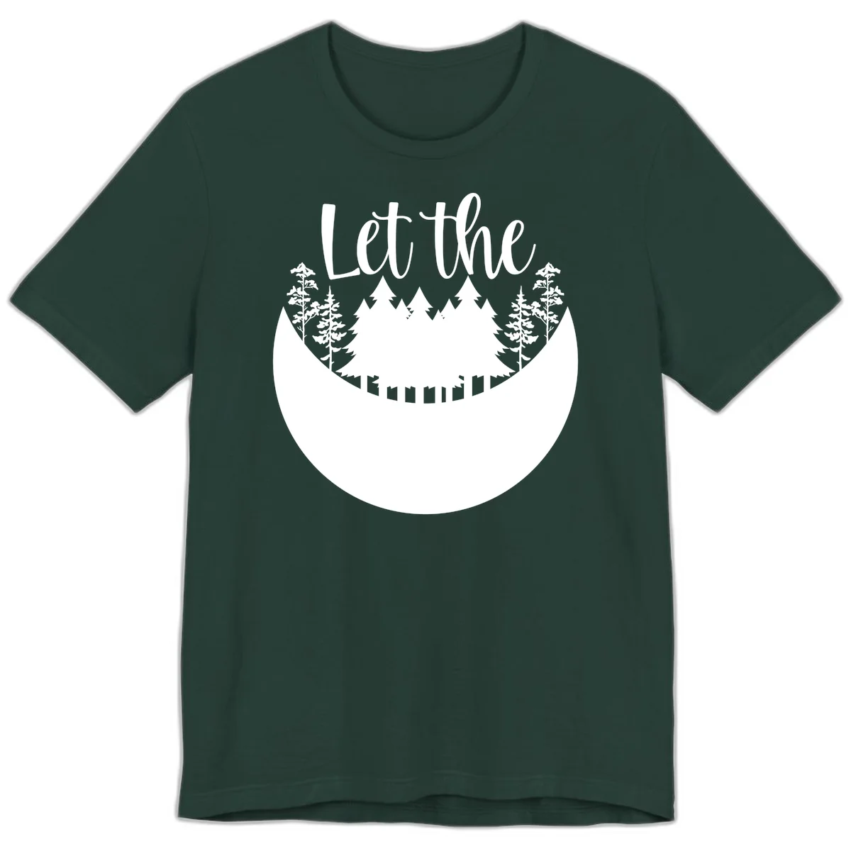 White silhouette of evergreen trees and mountain peaks arranged in a crescent moon shape with 'Let the' text above in script font on gray background. in Forest