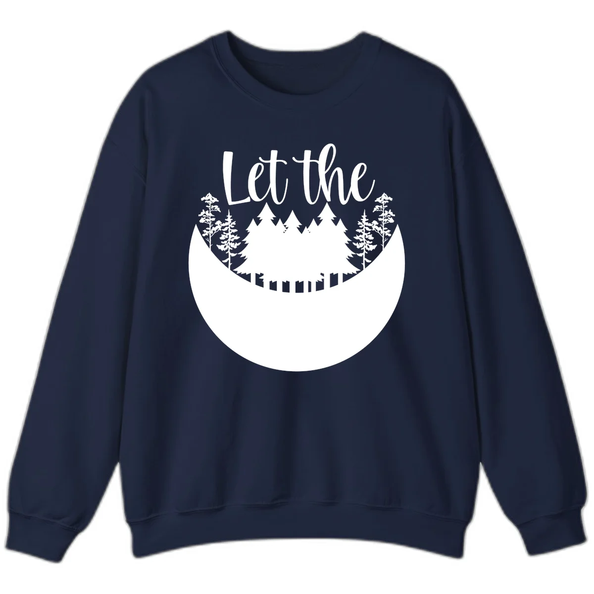 White silhouette of evergreen trees and mountain peaks arranged in a crescent moon shape with 'Let the' text above in script font on gray background. in Navy