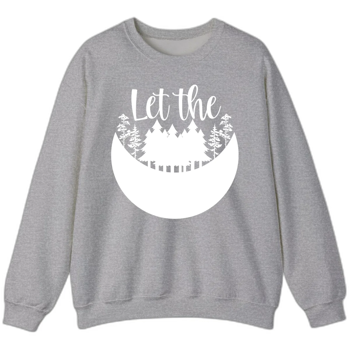White silhouette of evergreen trees and mountain peaks arranged in a crescent moon shape with 'Let the' text above in script font on gray background. in Sport Grey