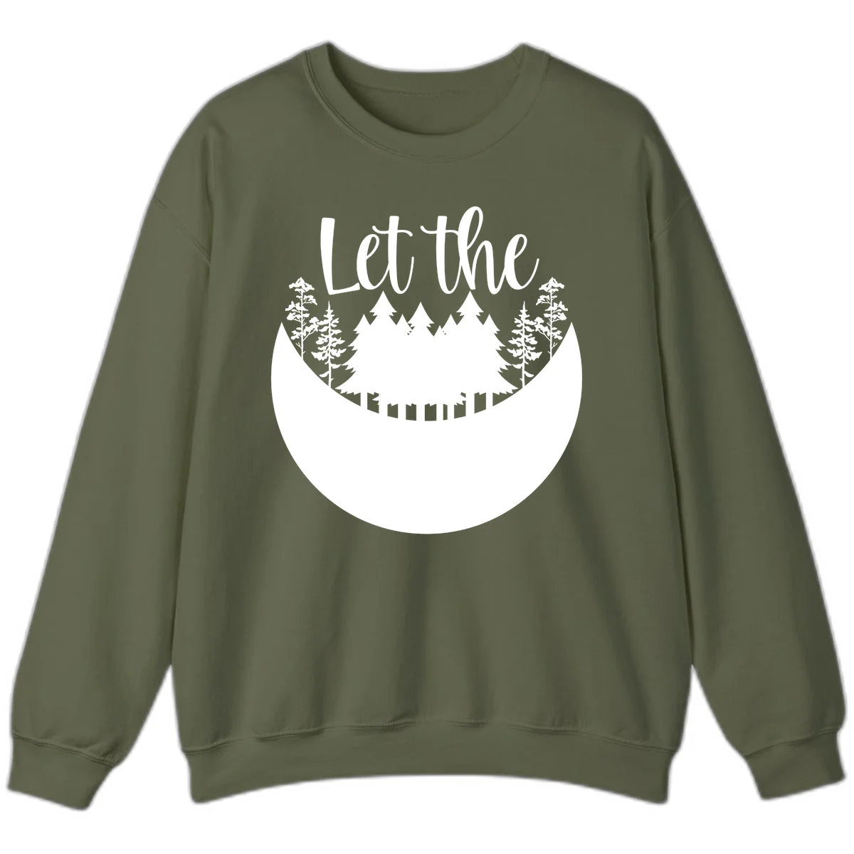 White silhouette of evergreen trees and mountain peaks arranged in a crescent moon shape with 'Let the' text above in script font on gray background. in Military Green