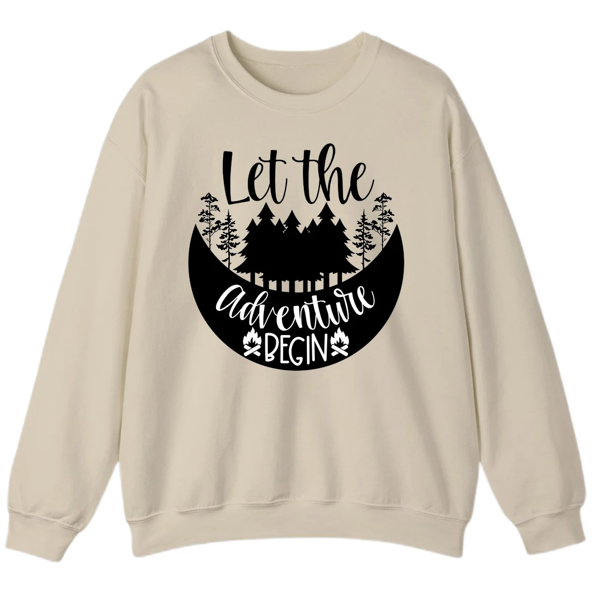 White silhouette of evergreen trees and mountain peaks arranged in a crescent moon shape with 'Let the' text above in script font on gray background. in Sand