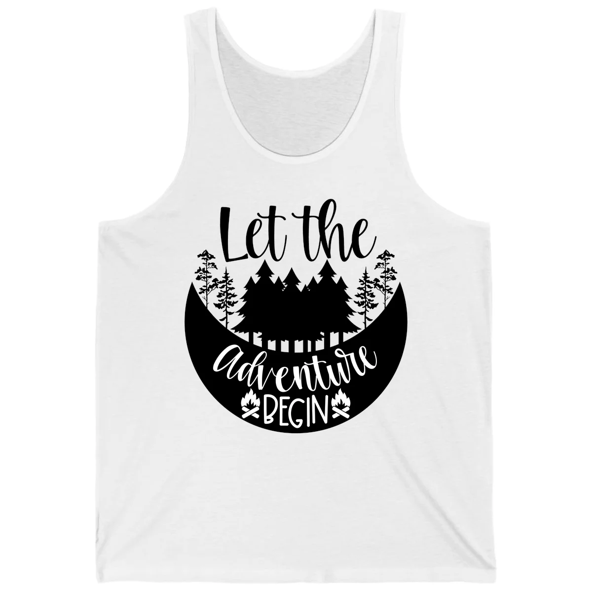 White silhouette of evergreen trees and mountain peaks arranged in a crescent moon shape with 'Let the' text above in script font on gray background. in White