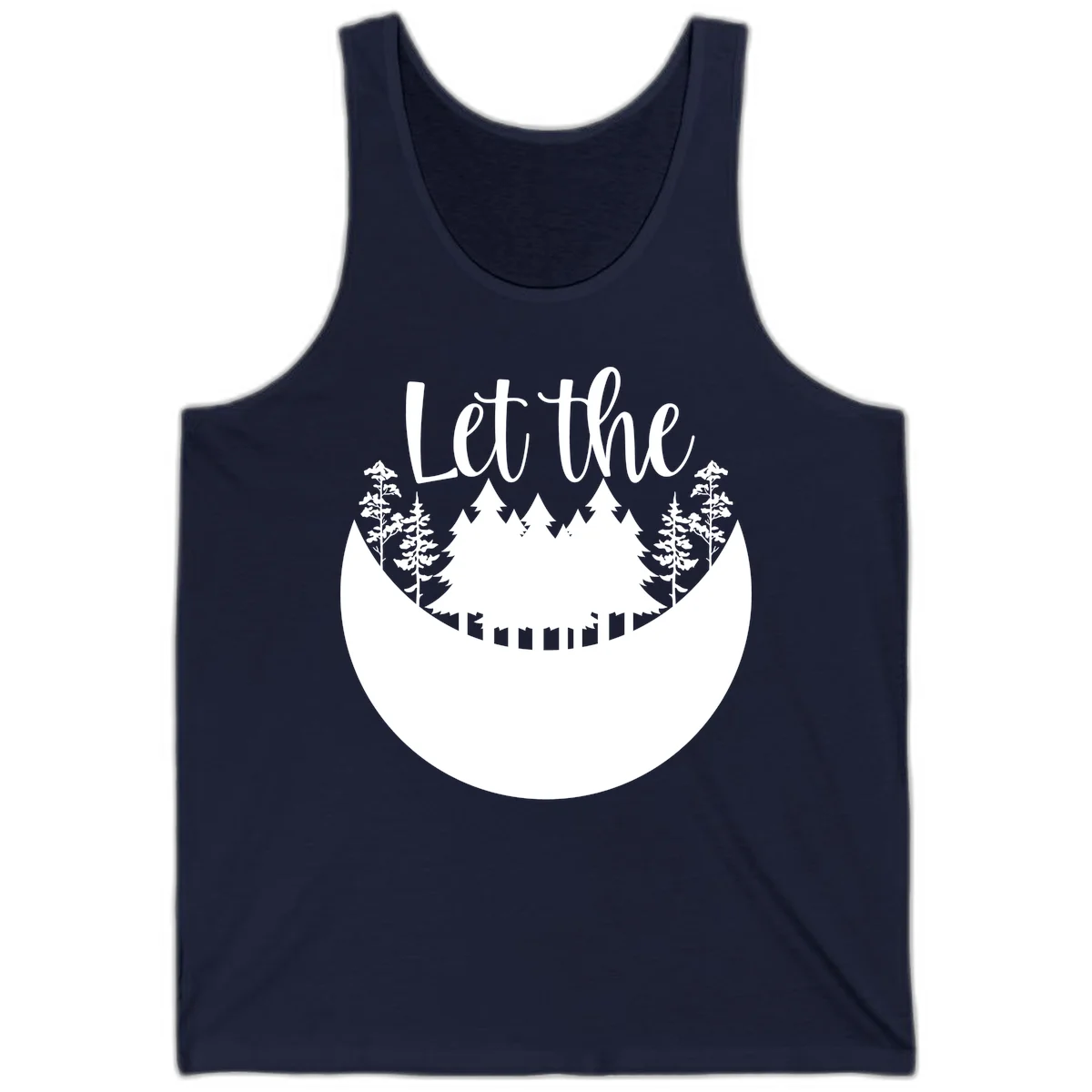 White silhouette of evergreen trees and mountain peaks arranged in a crescent moon shape with 'Let the' text above in script font on gray background. in Navy