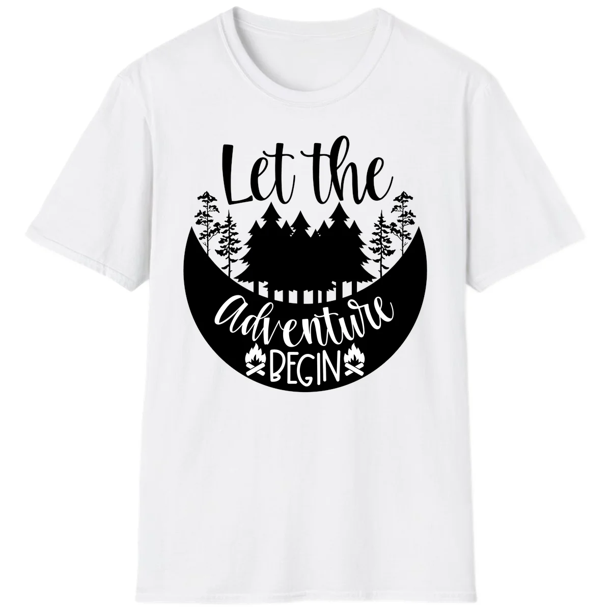 White silhouette of evergreen trees and mountain peaks arranged in a crescent moon shape with 'Let the' text above in script font on gray background. in White