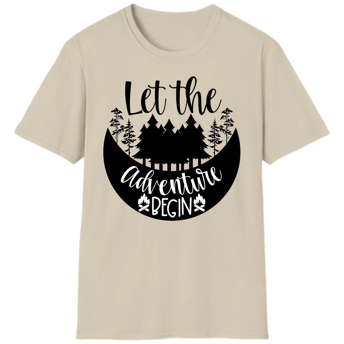 White silhouette of evergreen trees and mountain peaks arranged in a crescent moon shape with 'Let the' text above in script font on gray background. in Sand