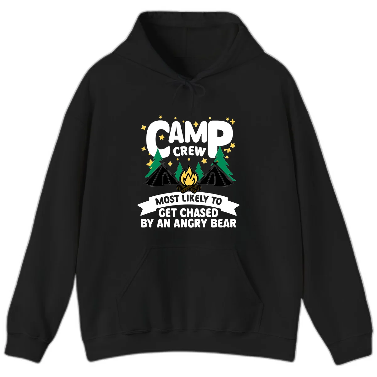 Camp crew angry bear design featuring campfire, teepees, pine trees and stars with humorous text about getting chased by bears in Black