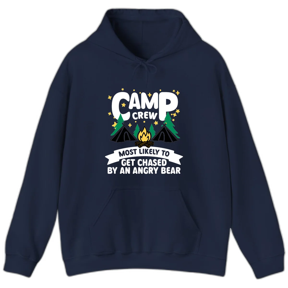 Camp crew angry bear design featuring campfire, teepees, pine trees and stars with humorous text about getting chased by bears in Navy