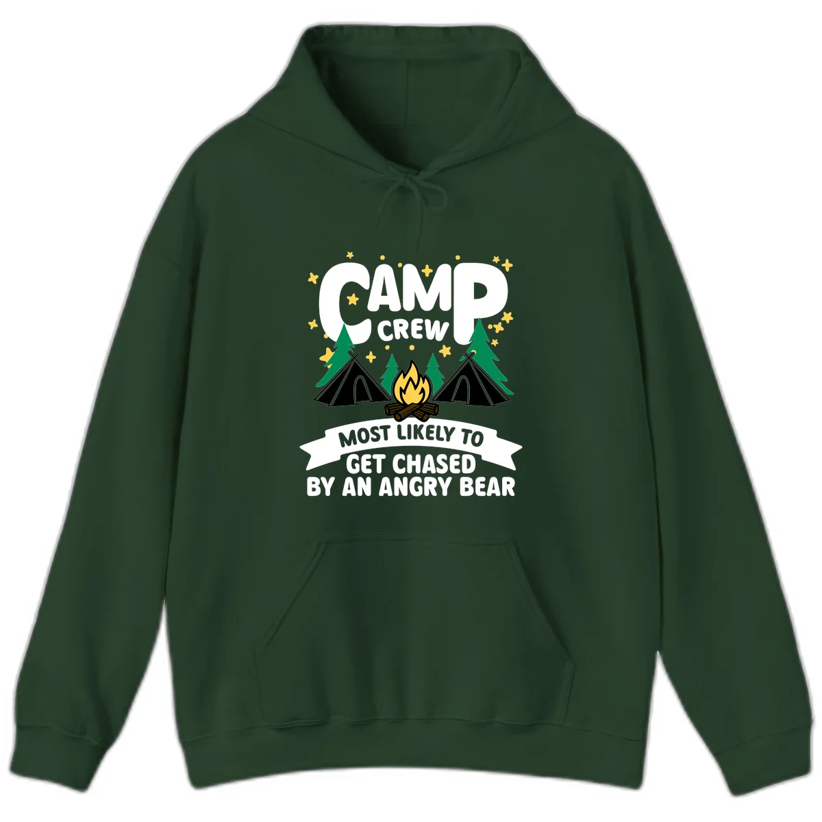 Camp crew angry bear design featuring campfire, teepees, pine trees and stars with humorous text about getting chased by bears in Forest Green