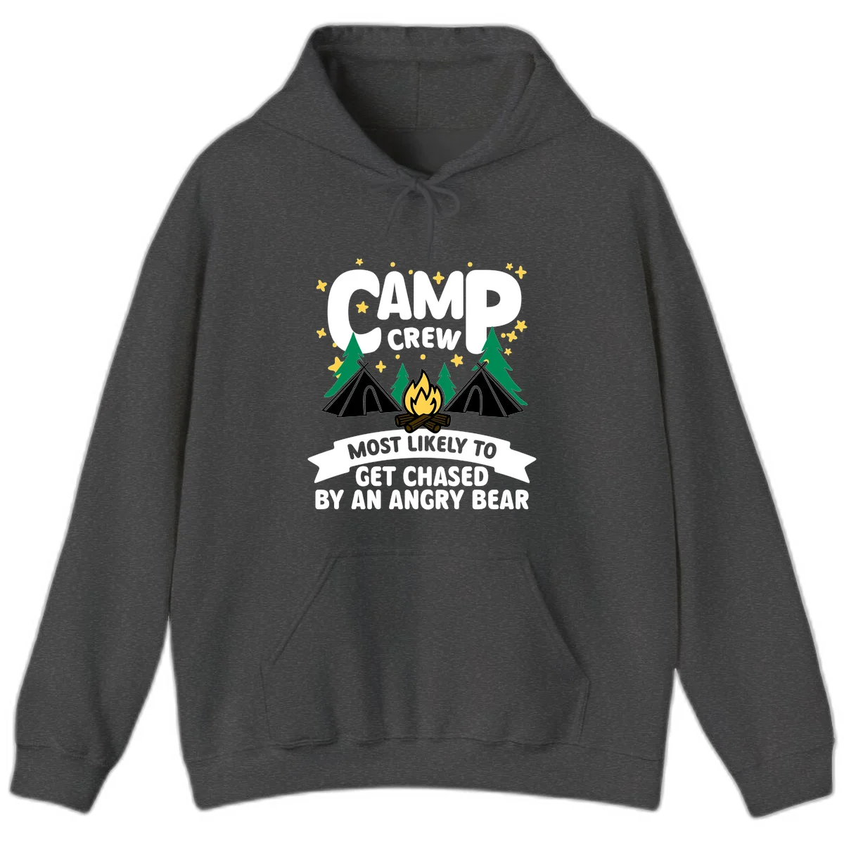 Camp crew angry bear design featuring campfire, teepees, pine trees and stars with humorous text about getting chased by bears in Dark Heather