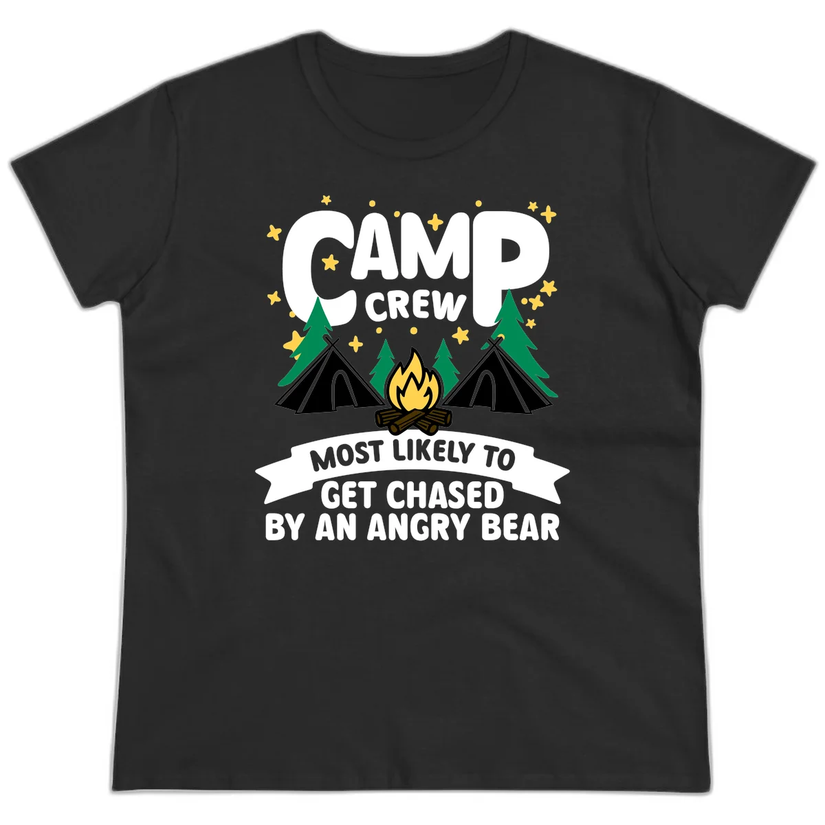Camp crew angry bear design featuring campfire, teepees, pine trees and stars with humorous text about getting chased by bears in Black