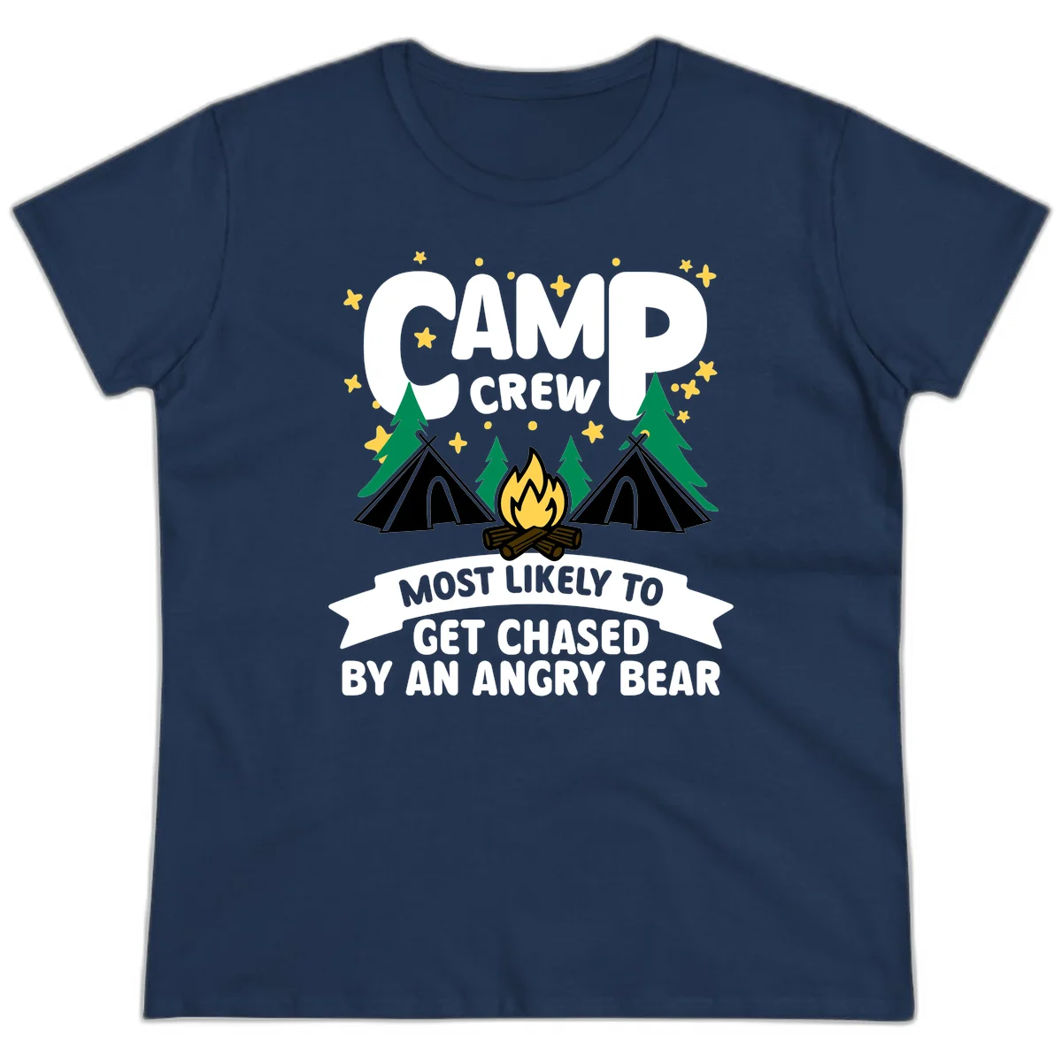 Camp crew angry bear design featuring campfire, teepees, pine trees and stars with humorous text about getting chased by bears in Navy