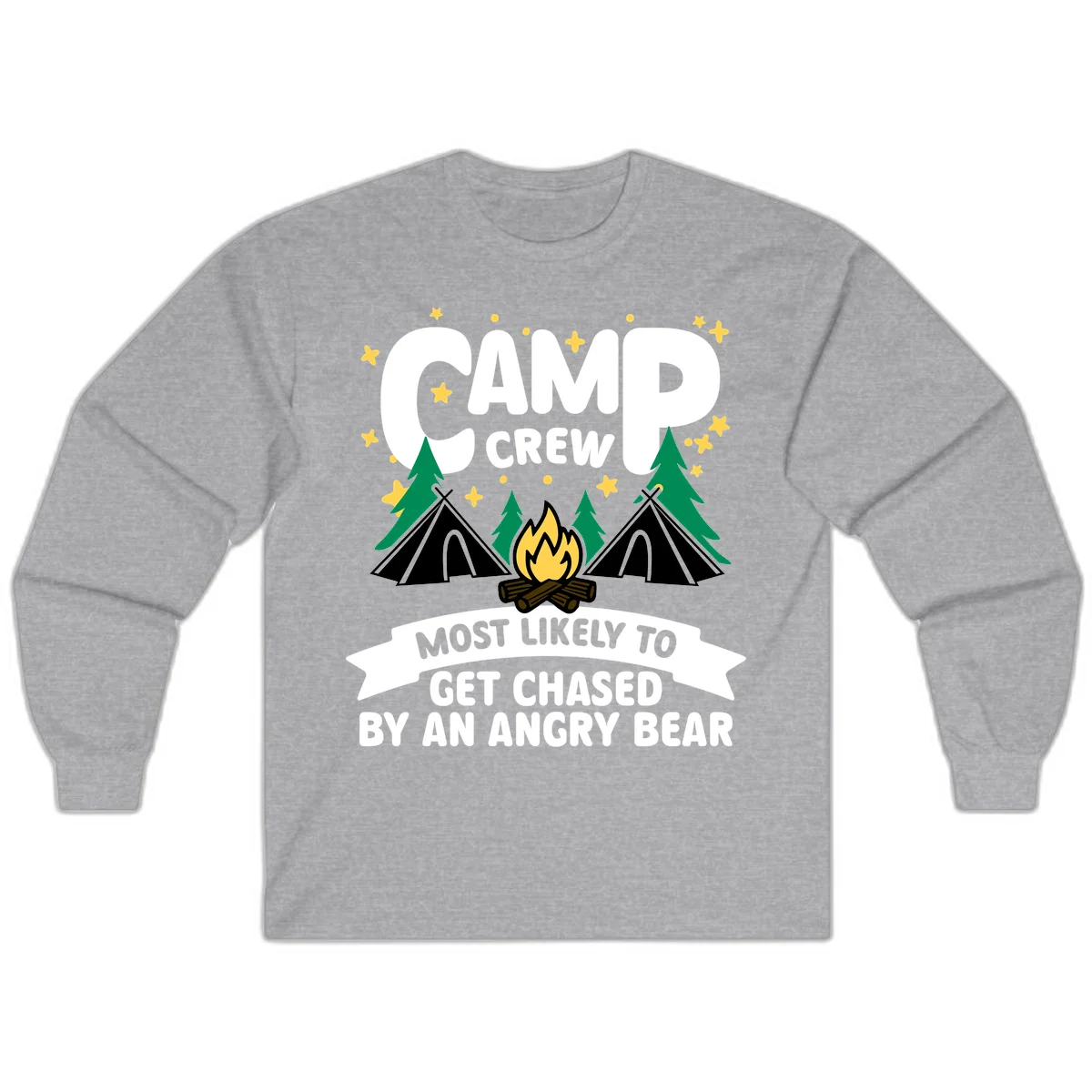 Camp crew angry bear design featuring campfire, teepees, pine trees and stars with humorous text about getting chased by bears in Sport Grey