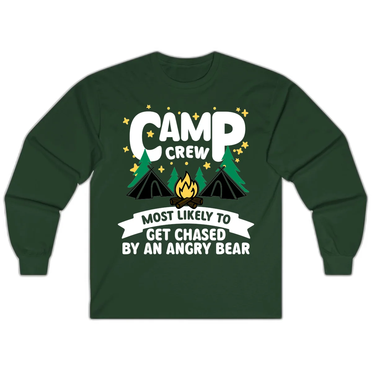 Camp crew angry bear design featuring campfire, teepees, pine trees and stars with humorous text about getting chased by bears in Forest Green