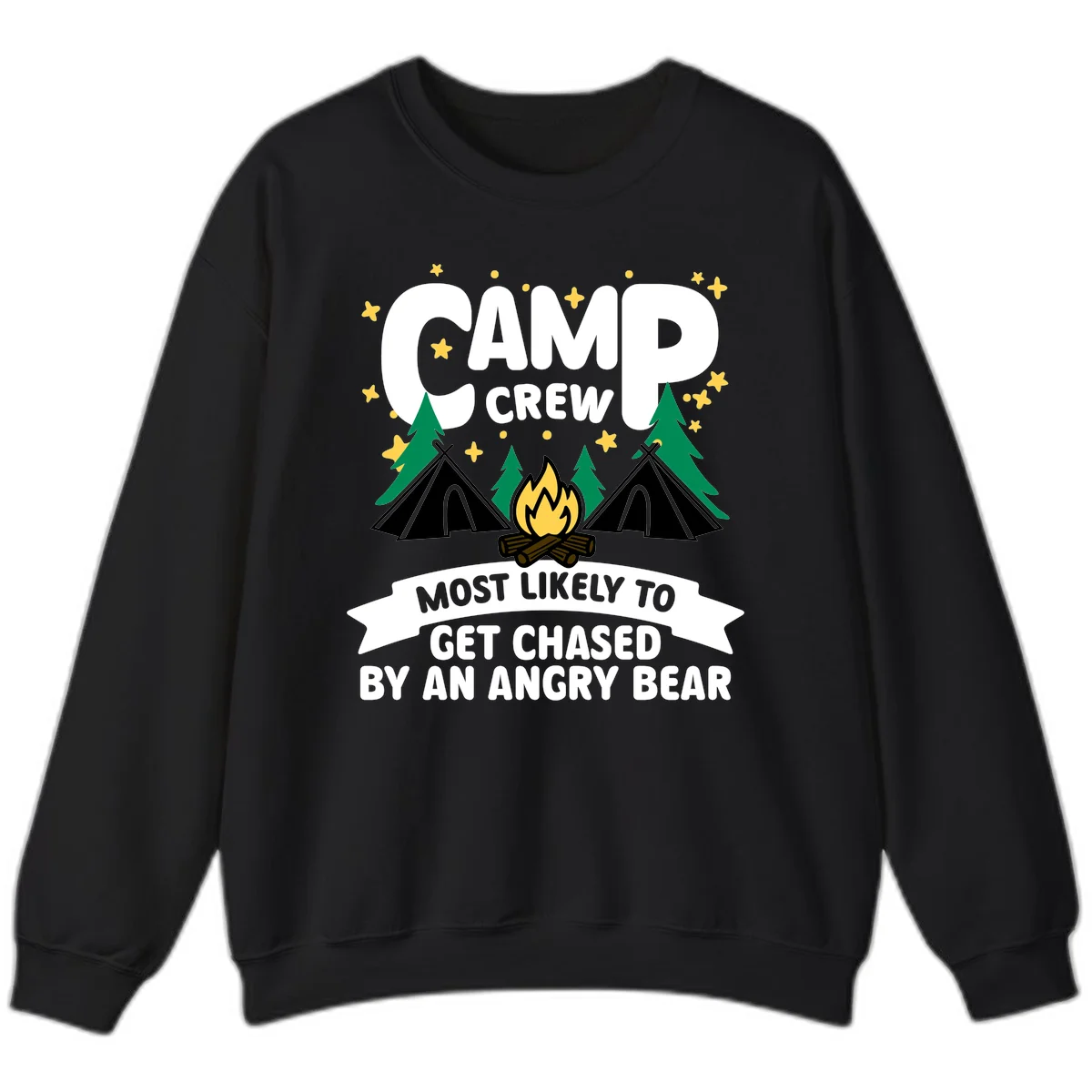 Camp crew angry bear design featuring campfire, teepees, pine trees and stars with humorous text about getting chased by bears in Black