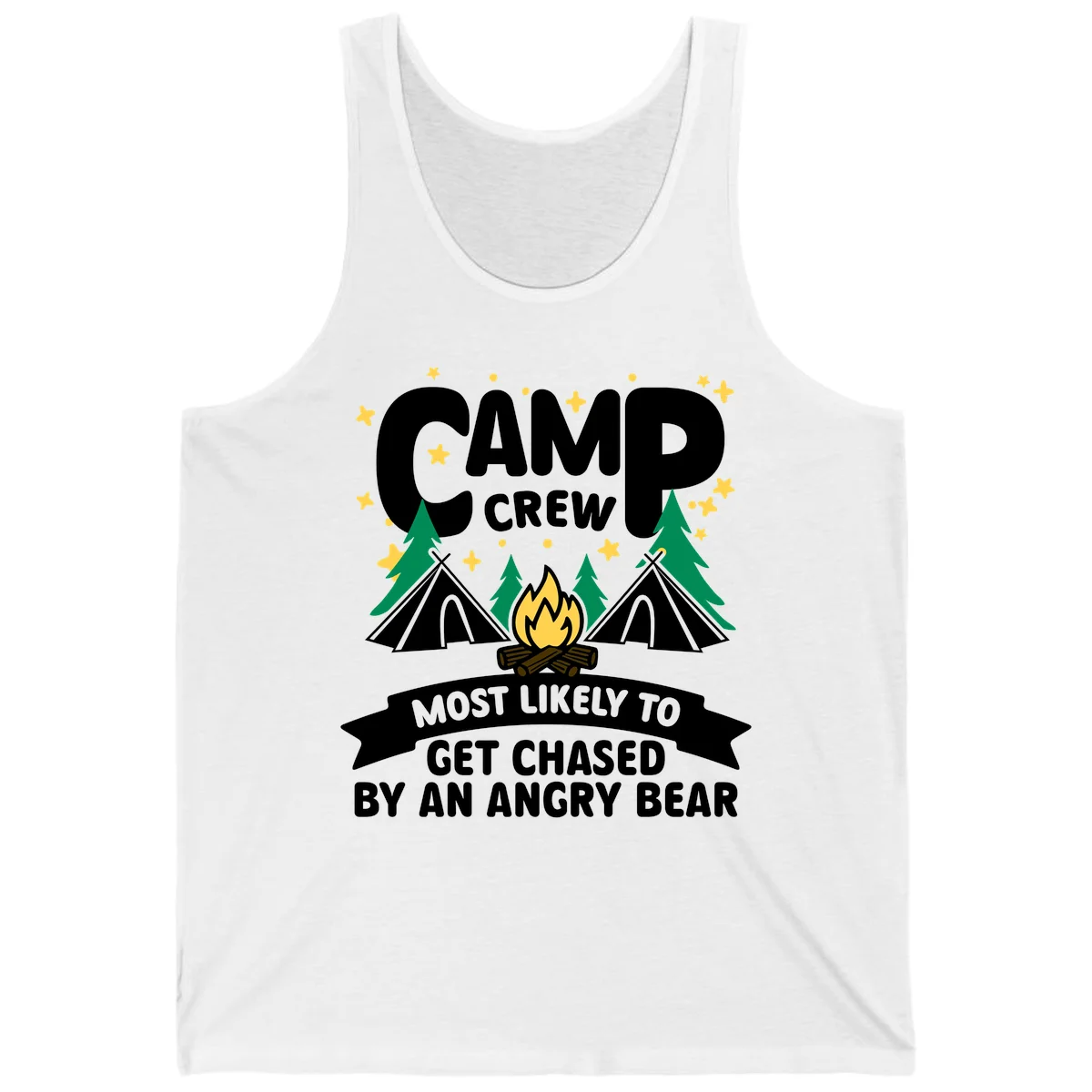 Camp crew angry bear design featuring campfire, teepees, pine trees and stars with humorous text about getting chased by bears in White
