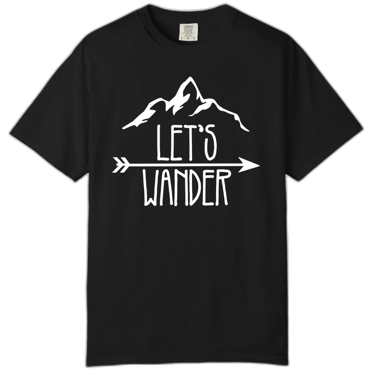 White mountain peaks with 'Let's Go Wander' text and directional arrow on gray background, minimalist camping design in Black