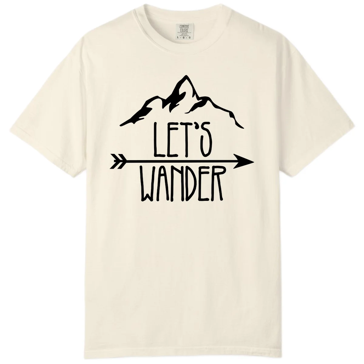 White mountain peaks with 'Let's Go Wander' text and directional arrow on gray background, minimalist camping design in Ivory